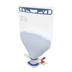 Front view of filled Ezi-Flow CSV Chargebag with sealed liner and CSV connector for contained powder transfer