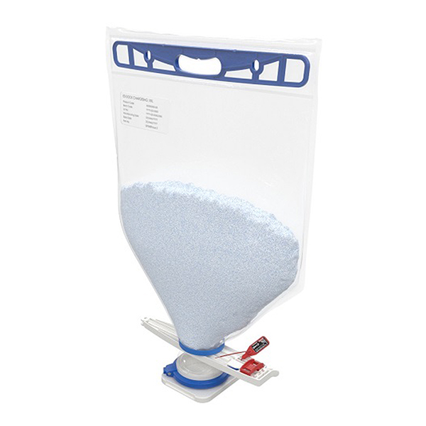 Front view of filled Ezi-Flow CSV Chargebag with sealed liner and CSV connector for contained powder transfer