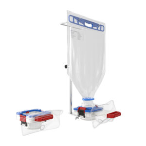 Side view of Ezi-Flow CSV All Plastic MK4 with mounted single-use chargebag in closed position for contained powder transfer