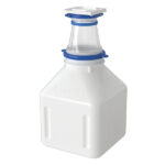Product Image of the Ezi-Flow™ CSV Flexible Adaptor Chute clamped to square HDPE bottle for safe, dust-free powder transfer in pharmaceutical processing