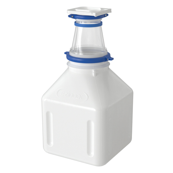 Product Image of the Ezi-Flow™ CSV Flexible Adaptor Chute clamped to square HDPE bottle for safe, dust-free powder transfer in pharmaceutical processing