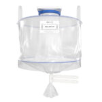 Front view product image of the Ezi-Dock's Ezi-Flow pharmaceutical continuous liner system with transparent chamber, blue seal rim and discharge chute for dust-free containment powder and API transfer
