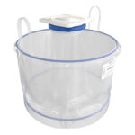 Left side view product image of the Ezi-Dock's Ezi-Flow cylindrical containment vessel with blue seal ring and square top port for safe pharmaceutical powder handling, cleanroom processing and operator exprosure contamination prevention