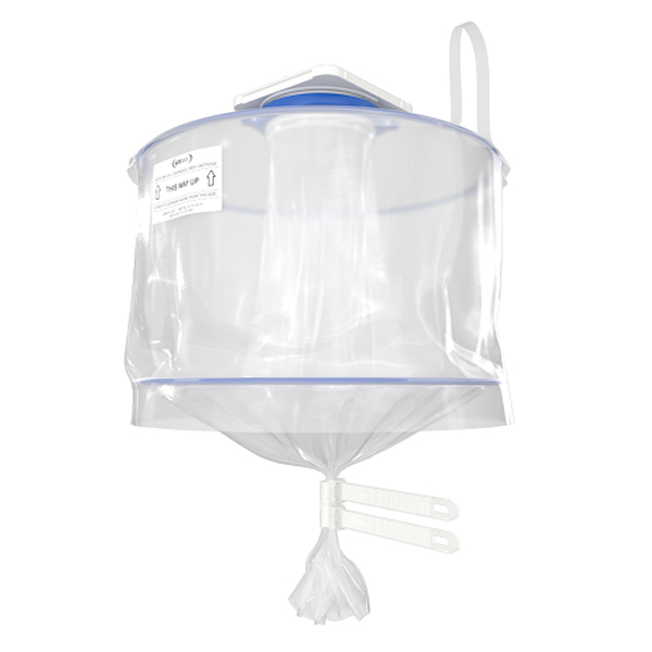 Right side view product image of of Ezi-Flow single-use liner containment system with tapered bottom and controlled discharge tube for sterile pharmaceutical manufacturing and worker cross-contamination prevention