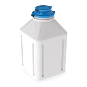 Side view of Ezi-Dock HDPE process bottle with sealed Polypropylene Tri-Clamp Blanking cap for contained powder