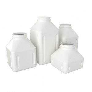 Side view of Ezi-Dock HDPE process bottles in multiple volumes for contained powder handling
