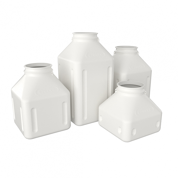 Side view of Ezi-Dock HDPE process bottles in multiple volumes for contained powder handling