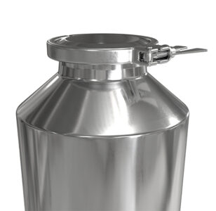 Close-up side view of stainless steel process bottle with tri-clamp lid for cleanroom containment handling