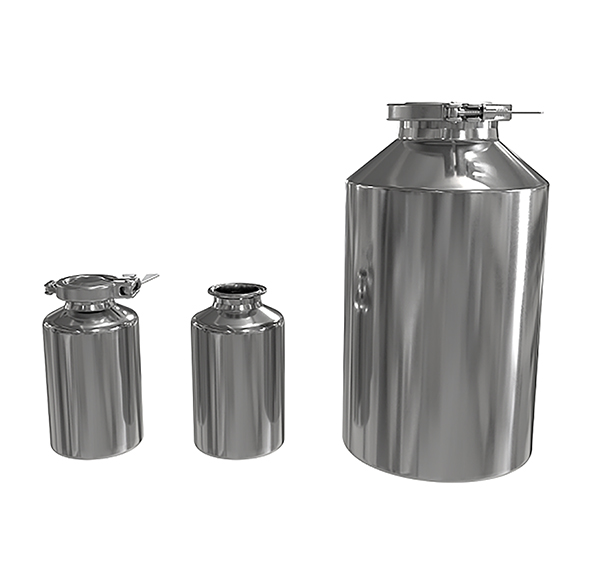 Front view of Ezi-Dock stainless steel process bottles in multiple sizes for GMP-compliant powder handling