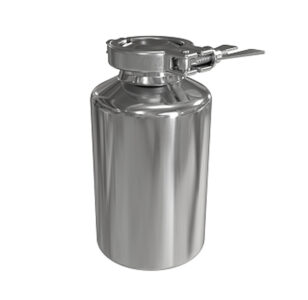 Front view of Ezi-Dock stainless steel process bottle with tri-clamp lid for sterile GMP powder handling
