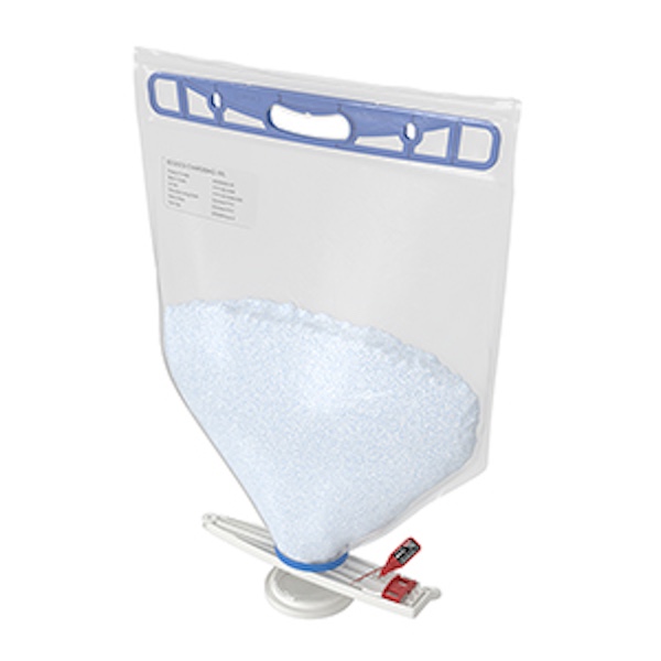 Front view of Ezi-Dock single-use pharma chargebag with Tri-Clamp connector and contained powder contents