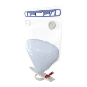 Side view of filled Ezi-Dock single-use pharma chargebag with Tri-Clamp connector and HEPA vent filter
